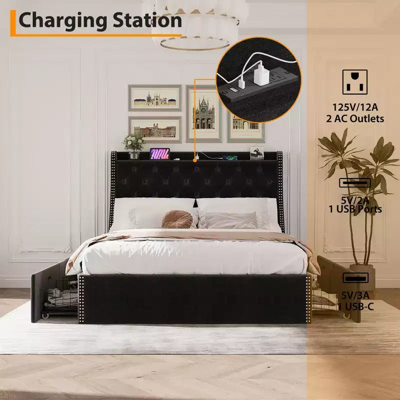 Upholstered Bed Frame with 4 Storage Drawers, Diamond Stitched Button Tufted Design, Wingback Headboard, No Box Spring Required