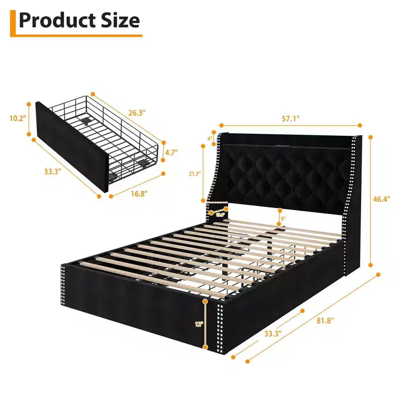 Upholstered Bed Frame with 4 Storage Drawers, Diamond Stitched Button Tufted Design, Wingback Headboard, No Box Spring Required