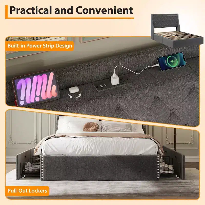Upholstered Bed Frame with 4 Storage Drawers, Diamond Stitched Button Tufted Design, Wingback Headboard, No Box Spring Required