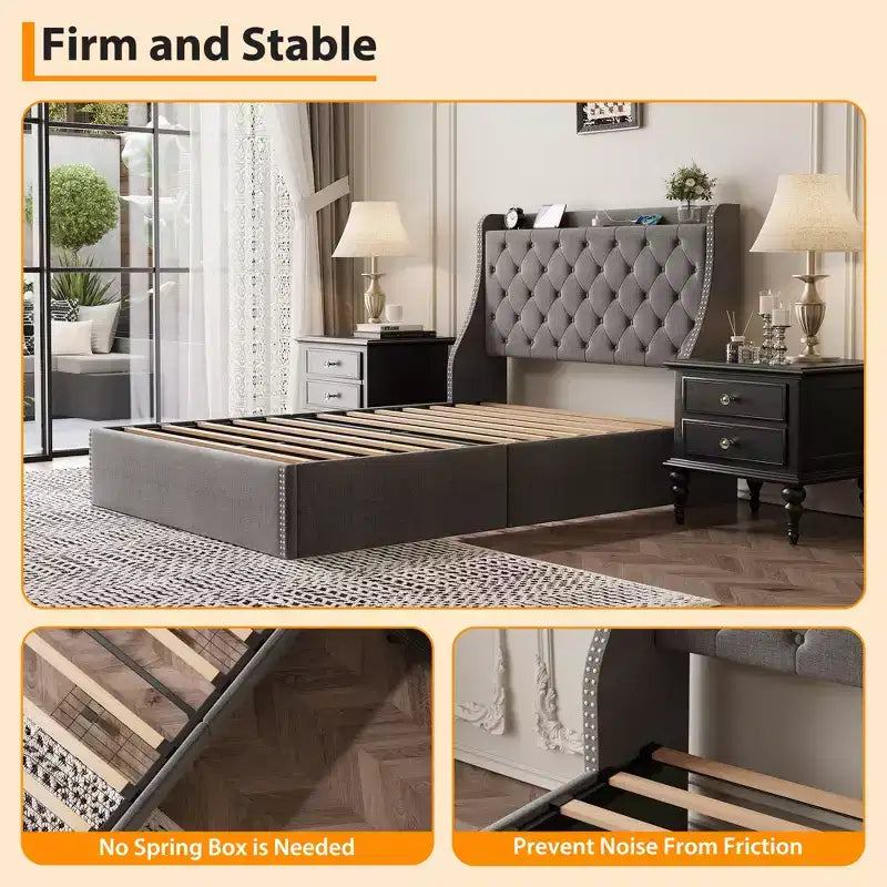 Upholstered Bed Frame with 4 Storage Drawers, Diamond Stitched Button Tufted Design, Wingback Headboard, No Box Spring Required