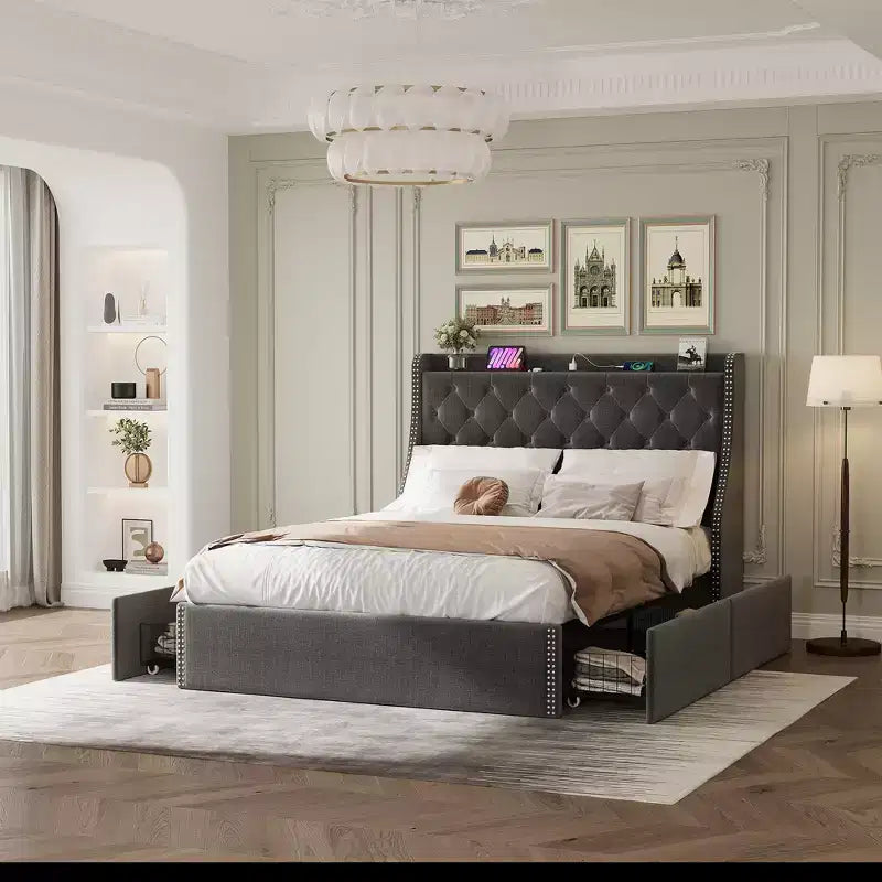Upholstered Bed Frame with 4 Storage Drawers, Diamond Stitched Button Tufted Design, Wingback Headboard, No Box Spring Required
