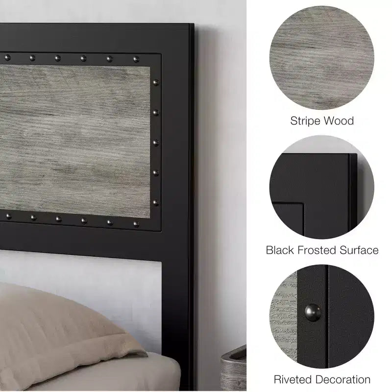 Platform Bed Frame, Industrial-Style Headboard, with Four Storage Drawers, Charging Station, No Spring Mattress Required, Sturdy, Durable, Noiseless