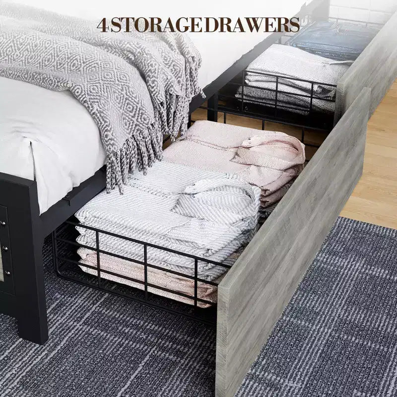 Platform Bed Frame, Industrial-Style Headboard, with Four Storage Drawers, Charging Station, No Spring Mattress Required, Sturdy, Durable, Noiseless