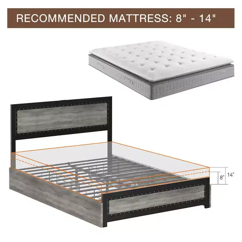 Platform Bed Frame, Industrial-Style Headboard, with Four Storage Drawers, Charging Station, No Spring Mattress Required, Sturdy, Durable, Noiseless