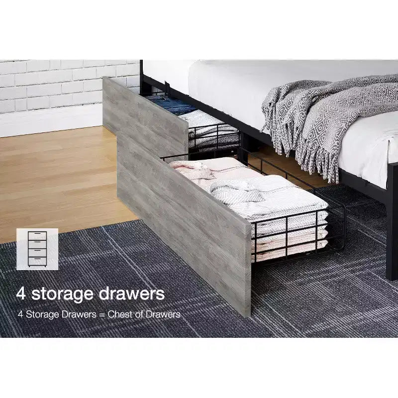 Platform Bed Frame, Industrial-Style Headboard, with Four Storage Drawers, Charging Station, No Spring Mattress Required, Sturdy, Durable, Noiseless