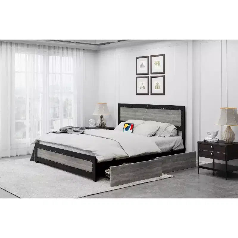 Platform Bed Frame, Industrial-Style Headboard, with Four Storage Drawers, Charging Station, No Spring Mattress Required, Sturdy, Durable, Noiseless