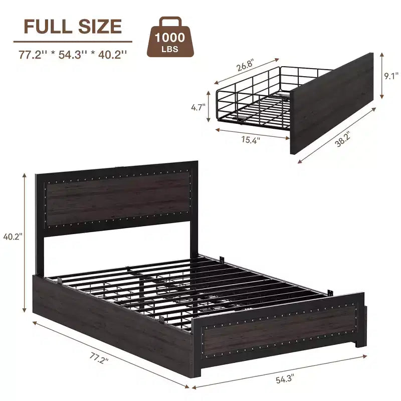 Platform Bed Frame, Industrial-Style Headboard, with Four Storage Drawers, Charging Station, No Spring Mattress Required, Sturdy, Durable, Noiseless