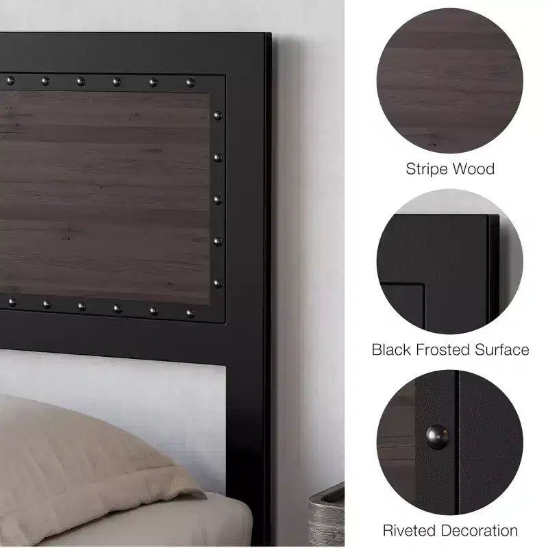 Platform Bed Frame, Industrial-Style Headboard, with Four Storage Drawers, Charging Station, No Spring Mattress Required, Sturdy, Durable, Noiseless