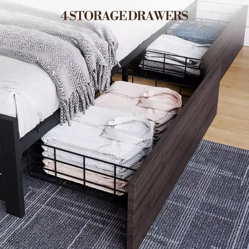 Platform Bed Frame, Industrial-Style Headboard, with Four Storage Drawers, Charging Station, No Spring Mattress Required, Sturdy, Durable, Noiseless