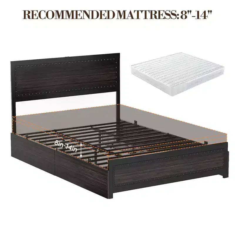 Platform Bed Frame, Industrial-Style Headboard, with Four Storage Drawers, Charging Station, No Spring Mattress Required, Sturdy, Durable, Noiseless