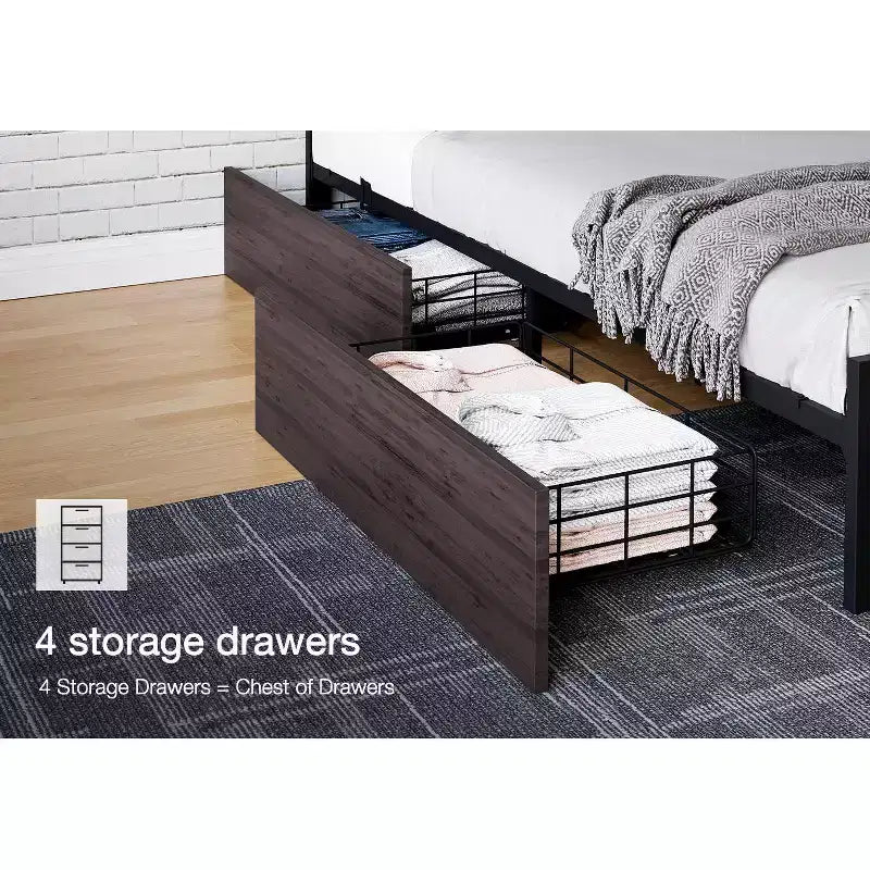 Platform Bed Frame, Industrial-Style Headboard, with Four Storage Drawers, Charging Station, No Spring Mattress Required, Sturdy, Durable, Noiseless