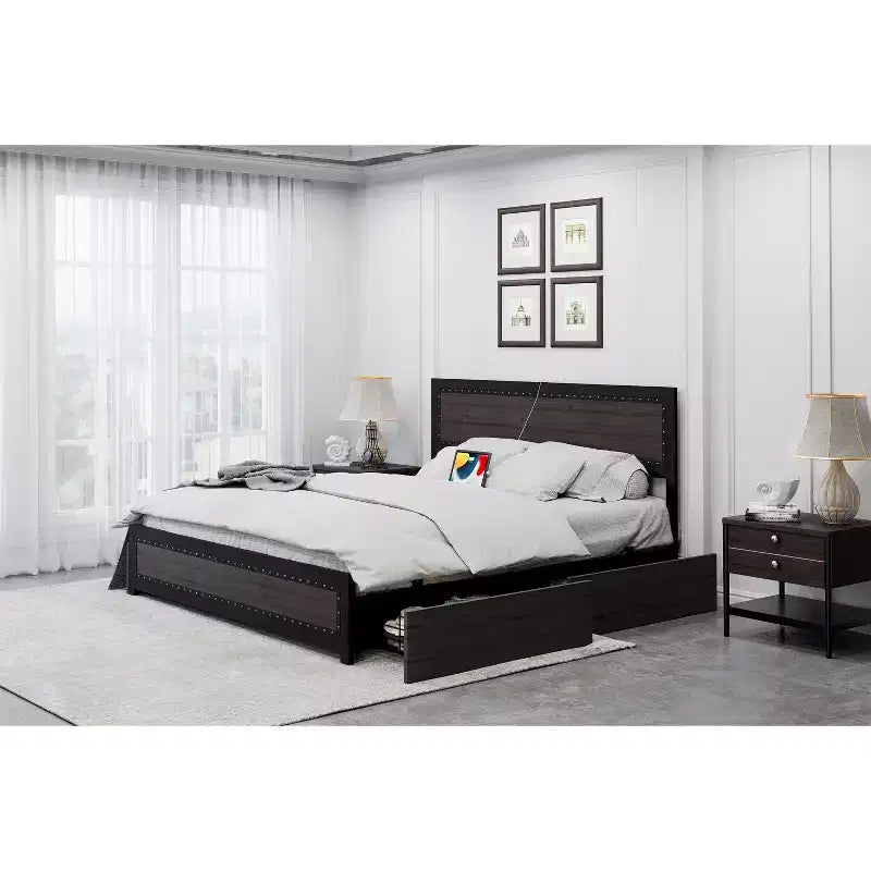 Platform Bed Frame, Industrial-Style Headboard, with Four Storage Drawers, Charging Station, No Spring Mattress Required, Sturdy, Durable, Noiseless