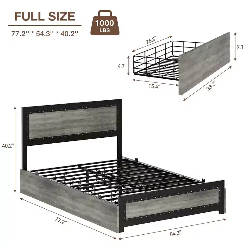Platform Bed Frame, Industrial-Style Headboard, with Four Storage Drawers, Charging Station, No Spring Mattress Required, Sturdy, Durable, Noiseless