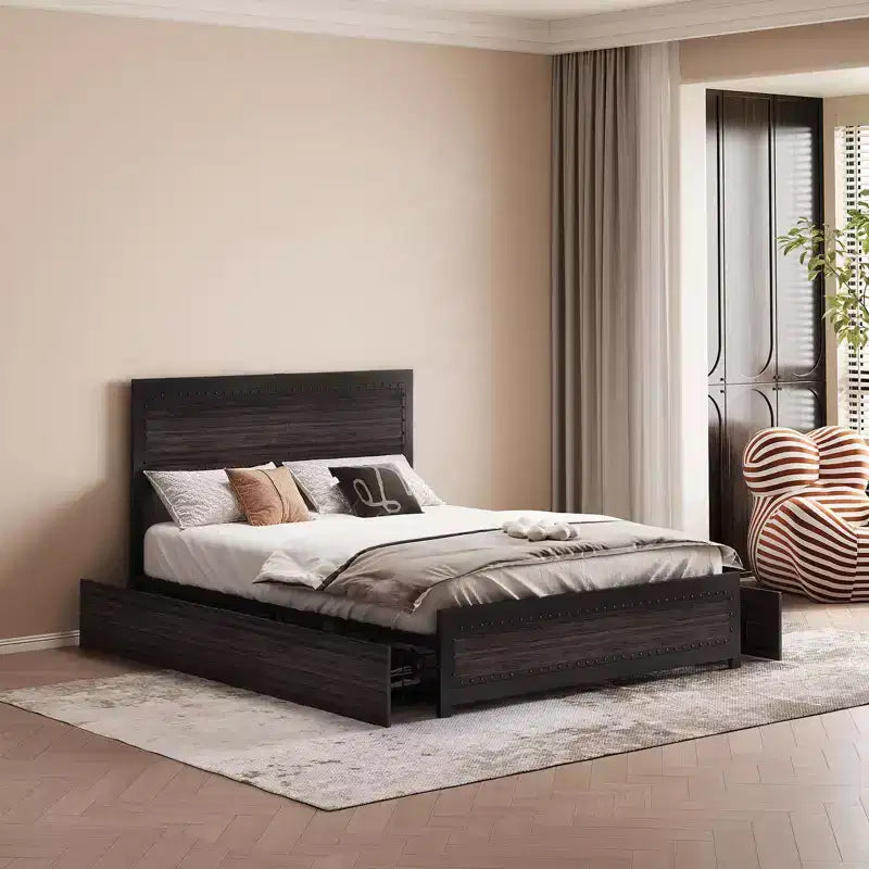 Platform Bed Frame, Industrial-Style Headboard, with Four Storage Drawers, Charging Station, No Spring Mattress Required, Sturdy, Durable, Noiseless