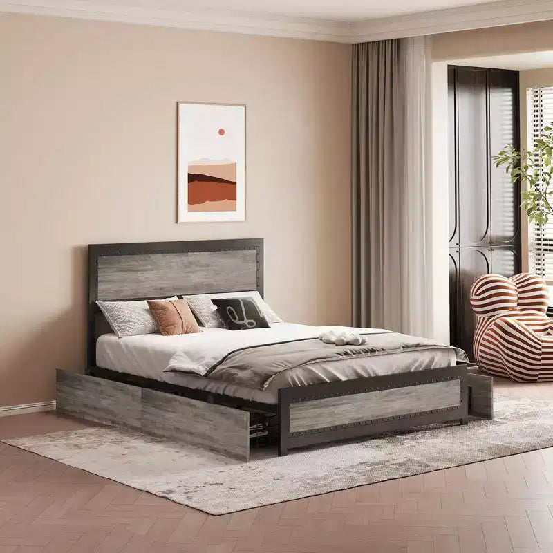 Platform Bed Frame, Industrial-Style Headboard, with Four Storage Drawers, Charging Station, No Spring Mattress Required, Sturdy, Durable, Noiseless