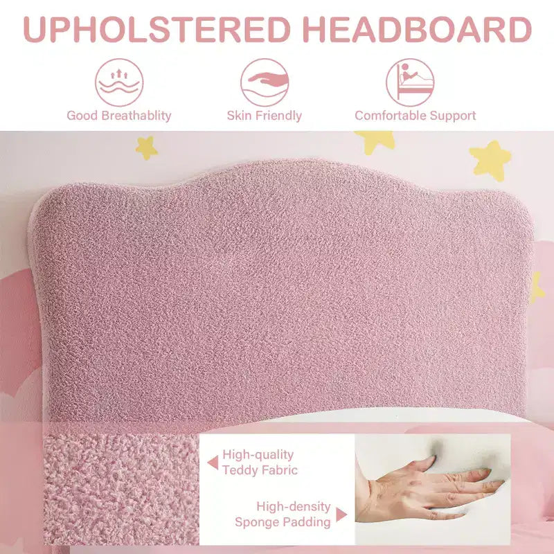 Upholstered Bed Frame, Scallop Headboard, Wood Slats Support, Teddy Fleece, Soft Rounded Corners, No Box Spring Required, Easy Assembly