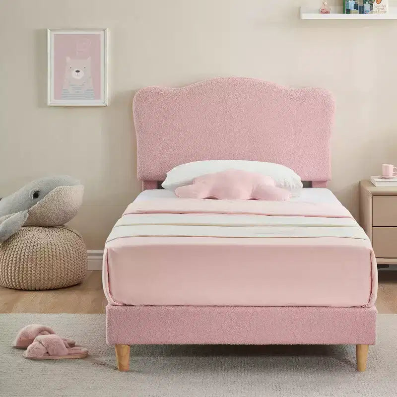 Upholstered Bed Frame, Scallop Headboard, Wood Slats Support, Teddy Fleece, Soft Rounded Corners, No Box Spring Required, Easy Assembly