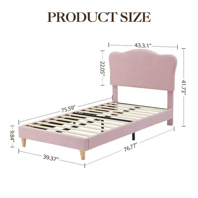 Upholstered Bed Frame, Scallop Headboard, Wood Slats Support, Teddy Fleece, Soft Rounded Corners, No Box Spring Required, Easy Assembly