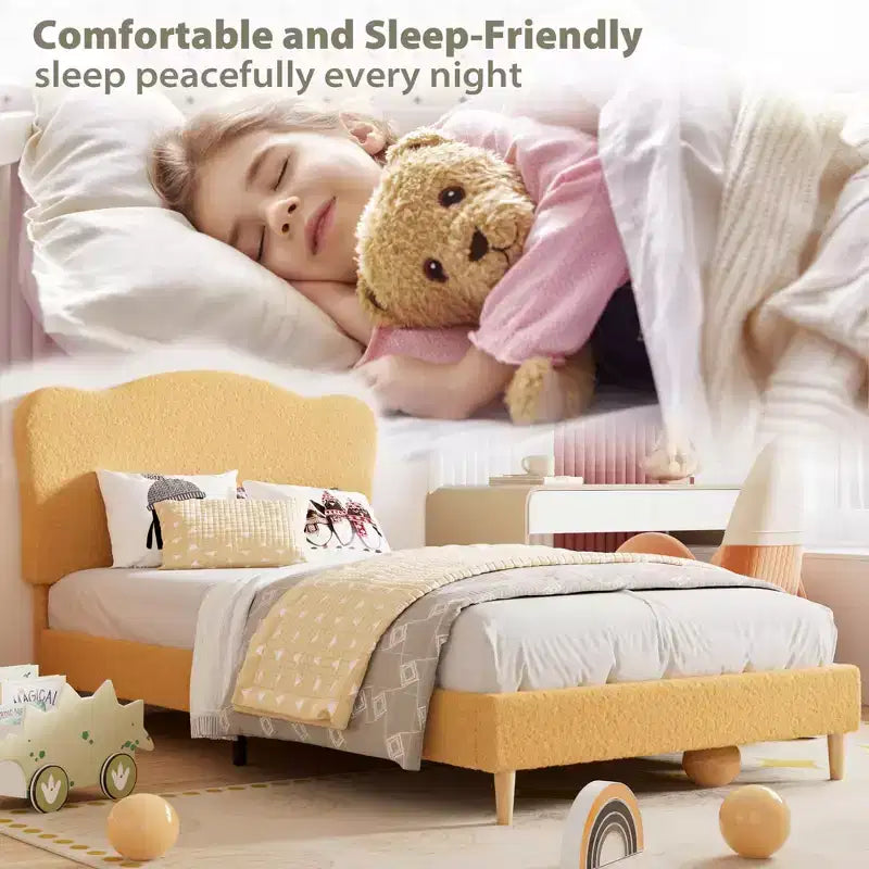 Upholstered Bed Frame, Scallop Headboard, Wood Slats Support, Teddy Fleece, Soft Rounded Corners, No Box Spring Required, Easy Assembly