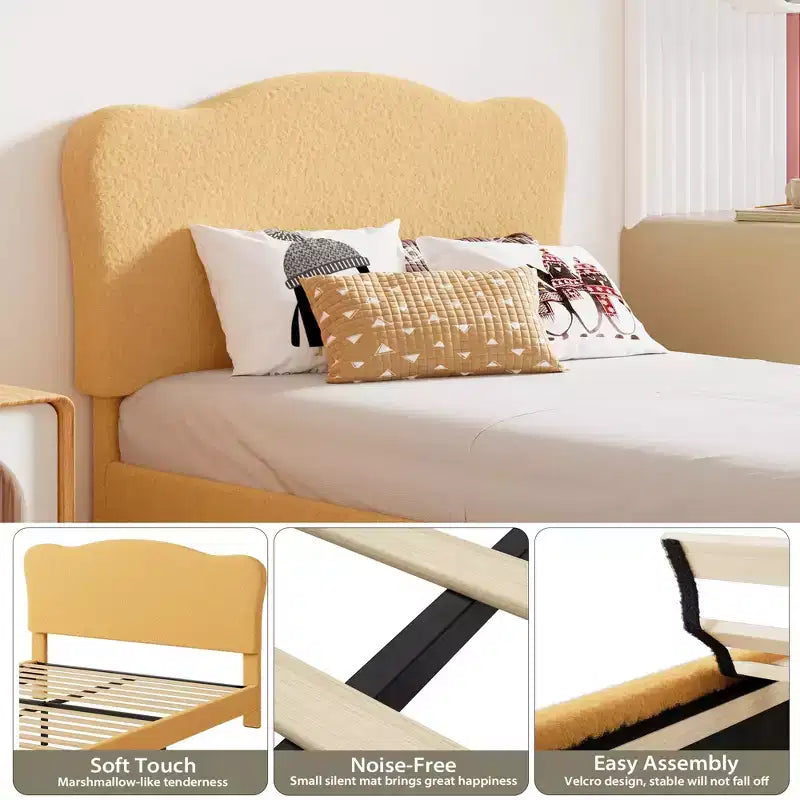 Upholstered Bed Frame, Scallop Headboard, Wood Slats Support, Teddy Fleece, Soft Rounded Corners, No Box Spring Required, Easy Assembly