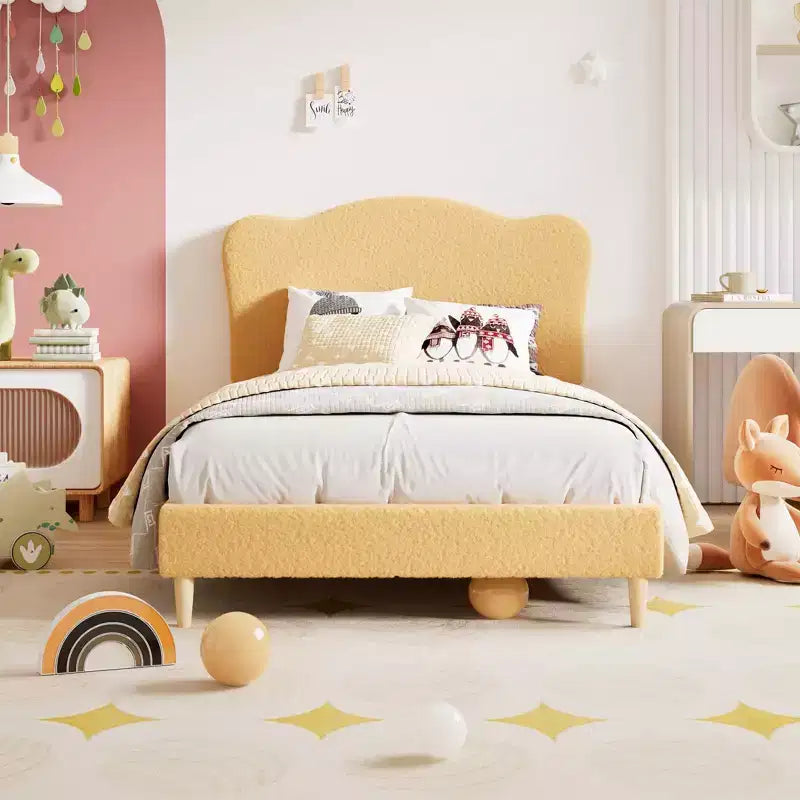 Upholstered Bed Frame, Scallop Headboard, Wood Slats Support, Teddy Fleece, Soft Rounded Corners, No Box Spring Required, Easy Assembly