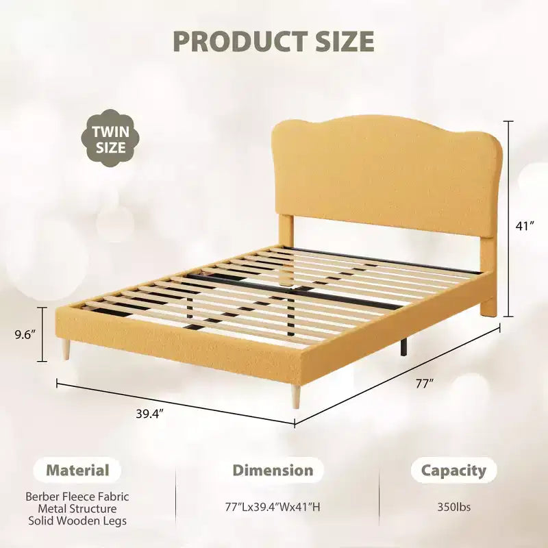Upholstered Bed Frame, Scallop Headboard, Wood Slats Support, Teddy Fleece, Soft Rounded Corners, No Box Spring Required, Easy Assembly