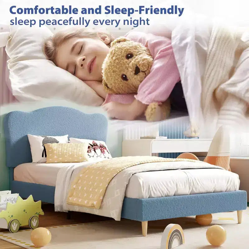 Upholstered Bed Frame, Scallop Headboard, Wood Slats Support, Teddy Fleece, Soft Rounded Corners, No Box Spring Required, Easy Assembly