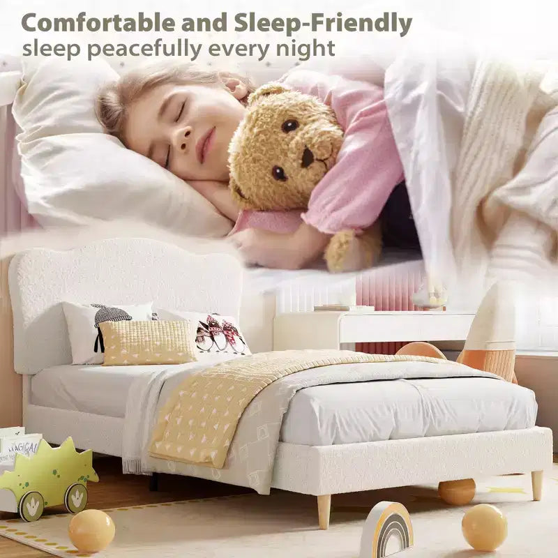 Upholstered Bed Frame, Scallop Headboard, Wood Slats Support, Teddy Fleece, Soft Rounded Corners, No Box Spring Required, Easy Assembly