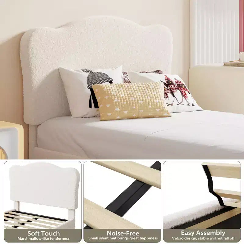 Upholstered Bed Frame, Scallop Headboard, Wood Slats Support, Teddy Fleece, Soft Rounded Corners, No Box Spring Required, Easy Assembly