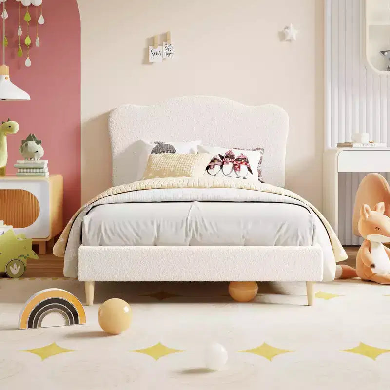 Upholstered Bed Frame, Scallop Headboard, Wood Slats Support, Teddy Fleece, Soft Rounded Corners, No Box Spring Required, Easy Assembly