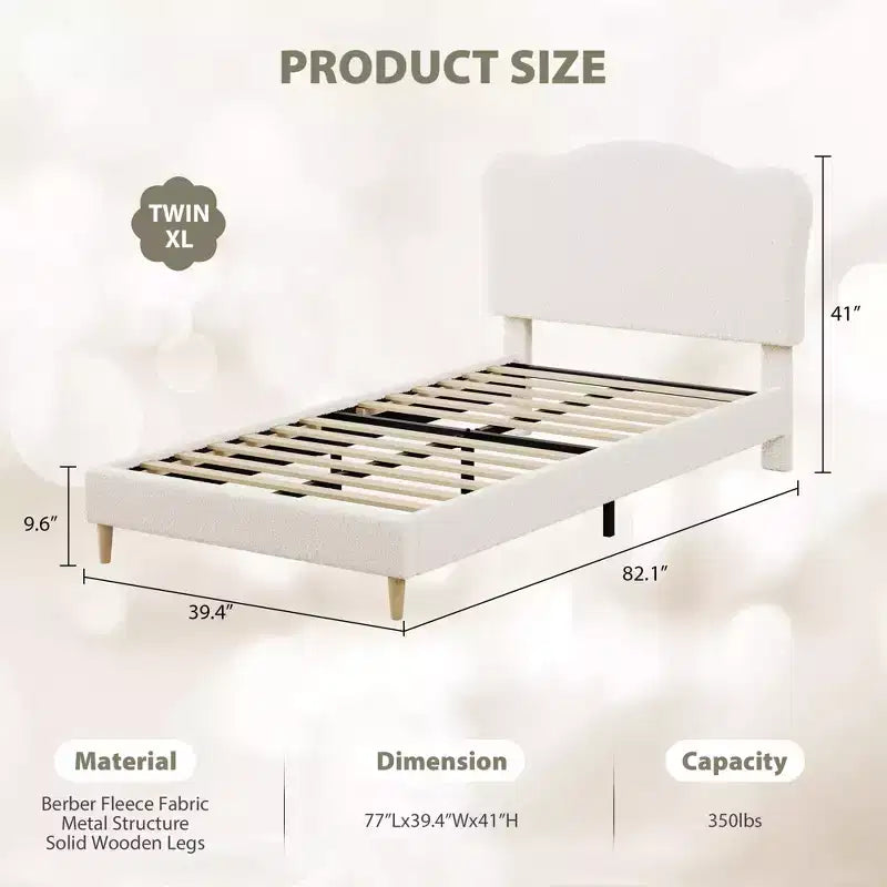 Upholstered Bed Frame, Scallop Headboard, Wood Slats Support, Teddy Fleece, Soft Rounded Corners, No Box Spring Required, Easy Assembly