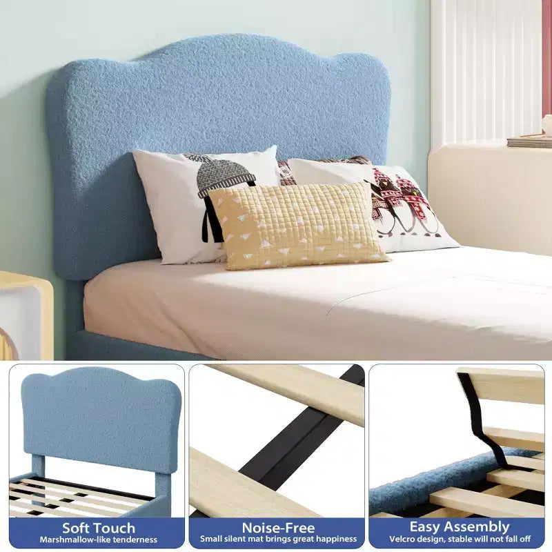 Upholstered Bed Frame, Scallop Headboard, Wood Slats Support, Teddy Fleece, Soft Rounded Corners, No Box Spring Required, Easy Assembly