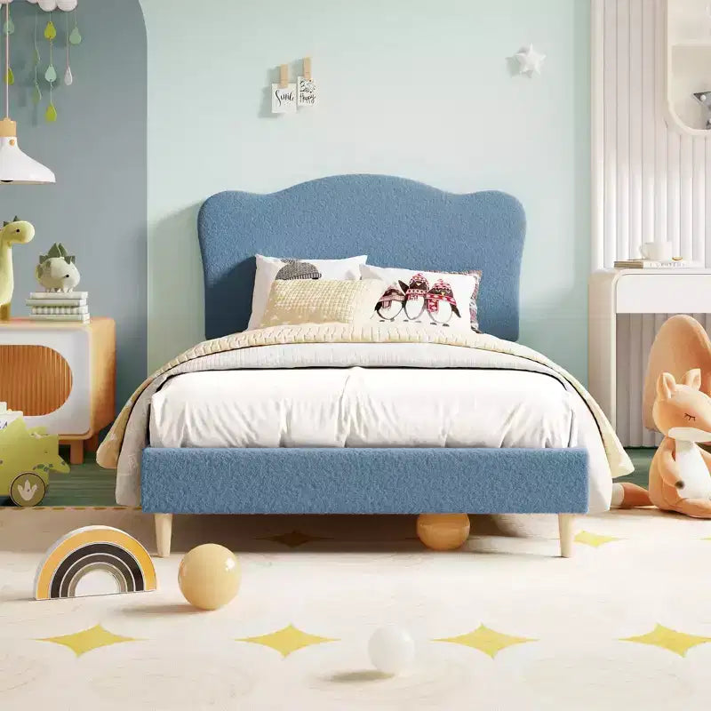 Upholstered Bed Frame, Scallop Headboard, Wood Slats Support, Teddy Fleece, Soft Rounded Corners, No Box Spring Required, Easy Assembly