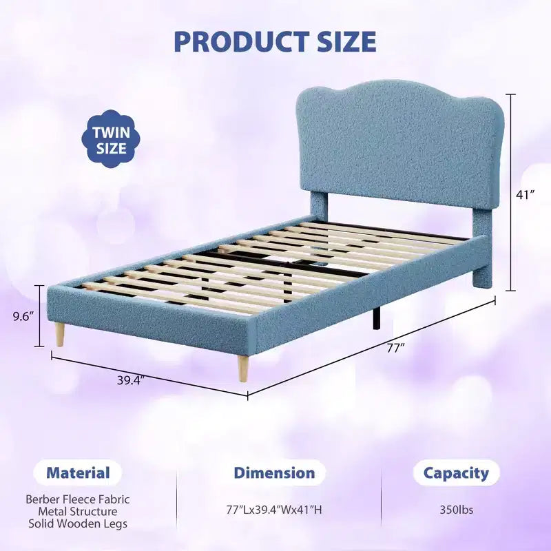Upholstered Bed Frame, Scallop Headboard, Wood Slats Support, Teddy Fleece, Soft Rounded Corners, No Box Spring Required, Easy Assembly