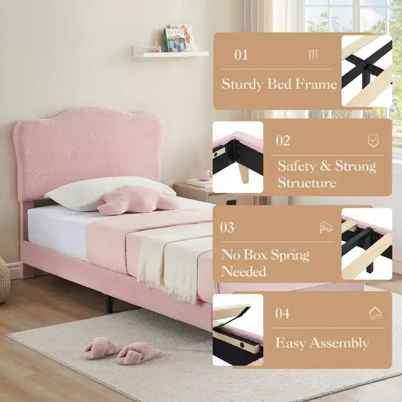Upholstered Bed Frame, Scallop Headboard, Wood Slats Support, Teddy Fleece, Soft Rounded Corners, No Box Spring Required, Easy Assembly