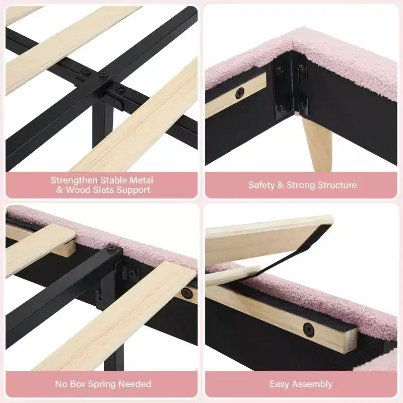 Upholstered Bed Frame, Scallop Headboard, Wood Slats Support, Teddy Fleece, Soft Rounded Corners, No Box Spring Required, Easy Assembly