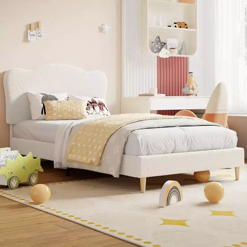 Upholstered Bed Frame, Scallop Headboard, Wood Slats Support, Teddy Fleece, Soft Rounded Corners, No Box Spring Required, Easy Assembly