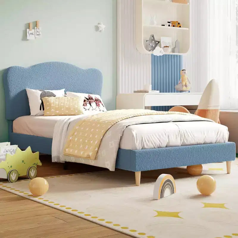 Upholstered Bed Frame, Scallop Headboard, Wood Slats Support, Teddy Fleece, Soft Rounded Corners, No Box Spring Required, Easy Assembly