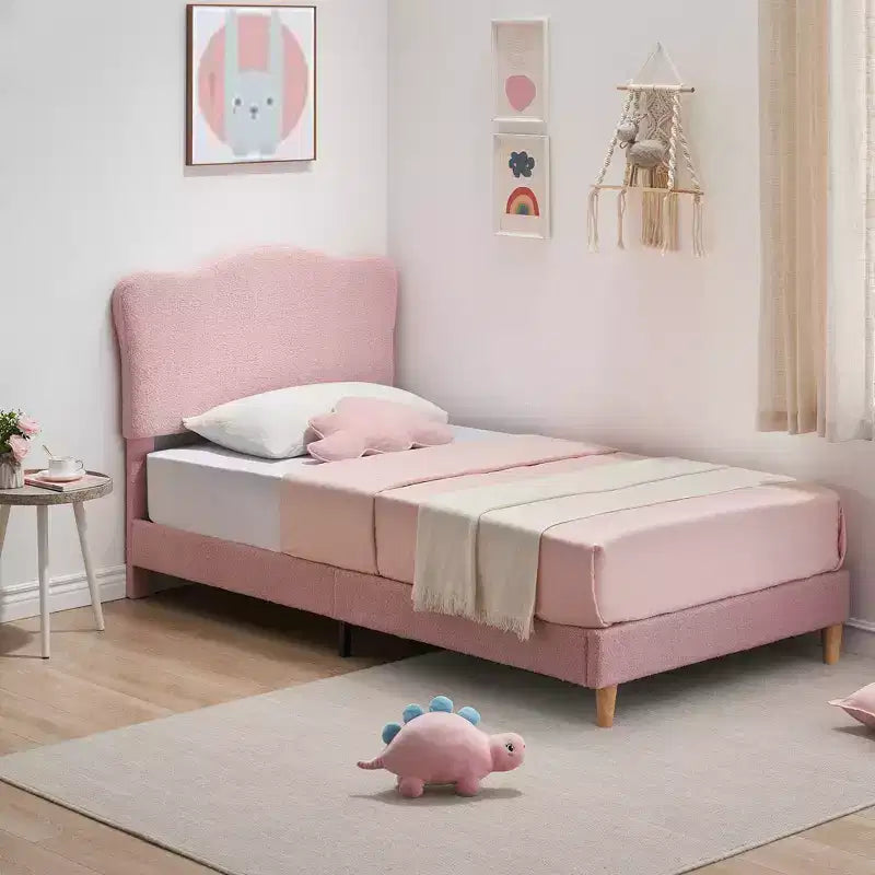 Upholstered Bed Frame, Scallop Headboard, Wood Slats Support, Teddy Fleece, Soft Rounded Corners, No Box Spring Required, Easy Assembly