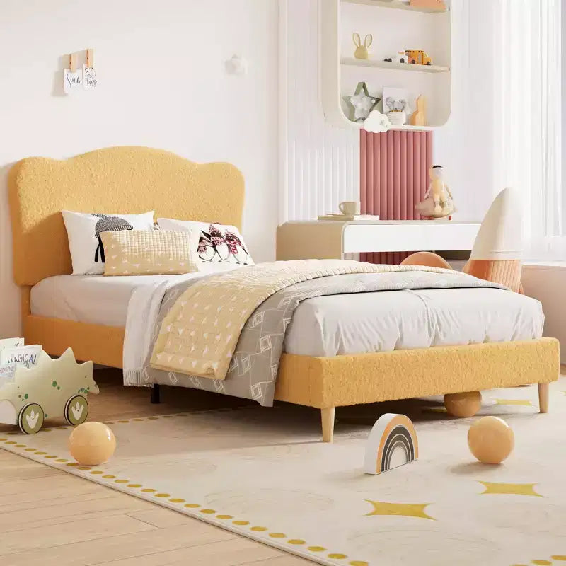 Upholstered Bed Frame, Scallop Headboard, Wood Slats Support, Teddy Fleece, Soft Rounded Corners, No Box Spring Required, Easy Assembly