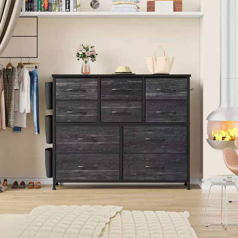 10-Drawer Fabric Dresser & Media Console - Storage Tower with Steel Frame, Wood Top for Bedroom, Living Room, Entryway