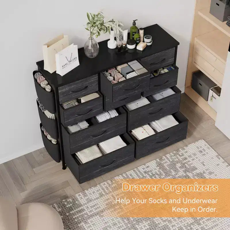 10-Drawer Fabric Dresser & Media Console - Storage Tower with Steel Frame, Wood Top for Bedroom, Living Room, Entryway