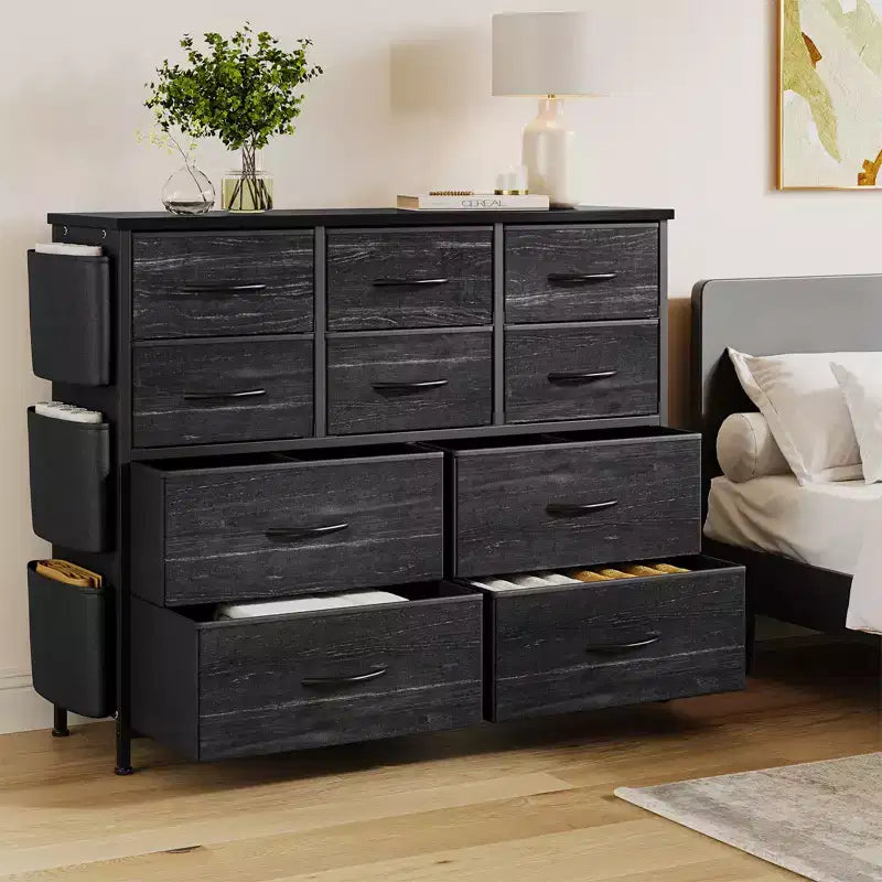 10-Drawer Fabric Dresser & Media Console - Storage Tower with Steel Frame, Wood Top for Bedroom, Living Room, Entryway