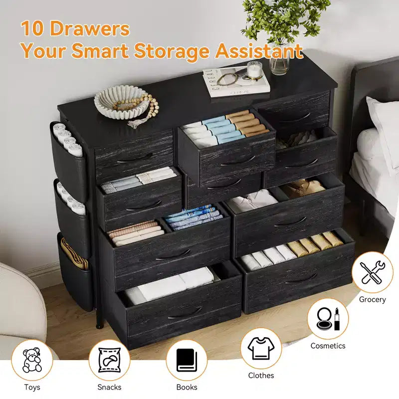 10-Drawer Fabric Dresser & Media Console - Storage Tower with Steel Frame, Wood Top for Bedroom, Living Room, Entryway