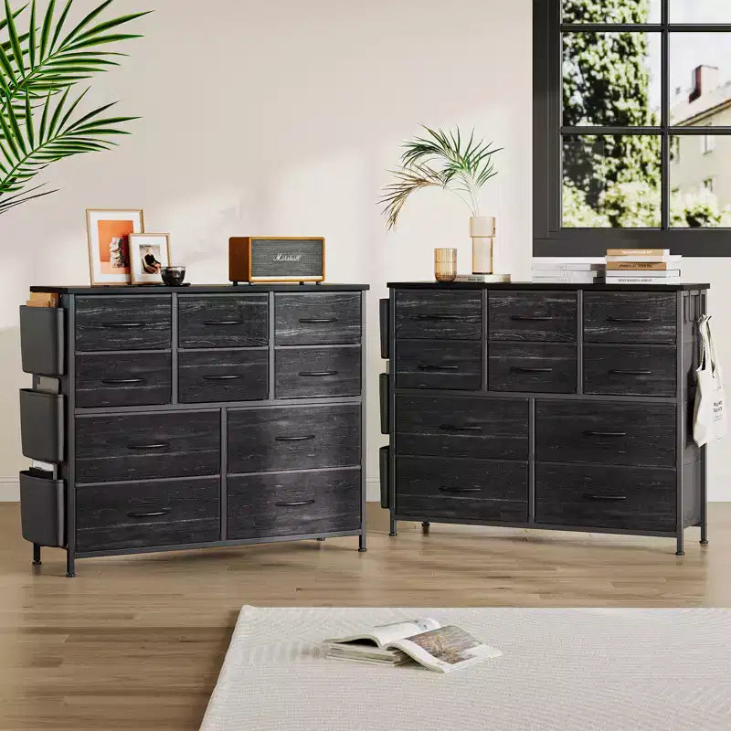 10-Drawer Fabric Dresser & Media Console - Storage Tower with Steel Frame, Wood Top for Bedroom, Living Room, Entryway
