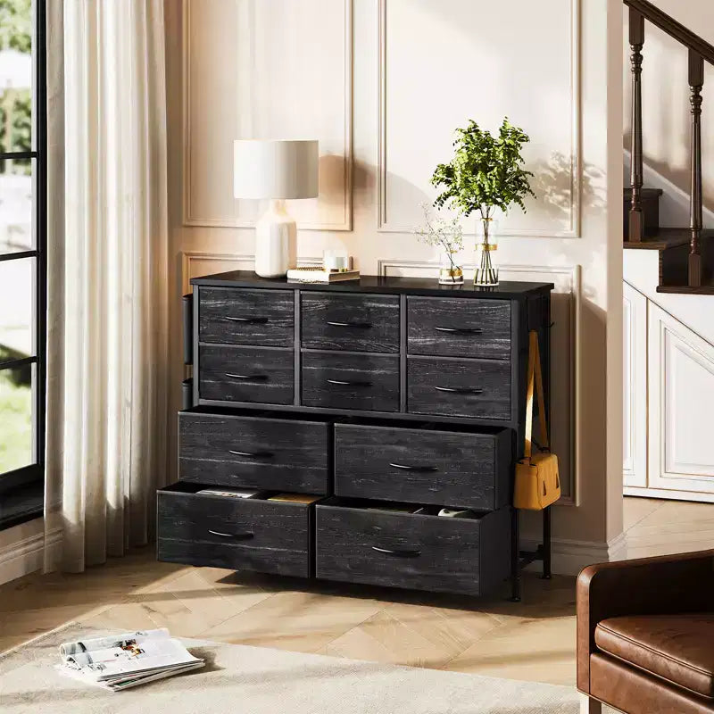 10-Drawer Fabric Dresser & Media Console - Storage Tower with Steel Frame, Wood Top for Bedroom, Living Room, Entryway