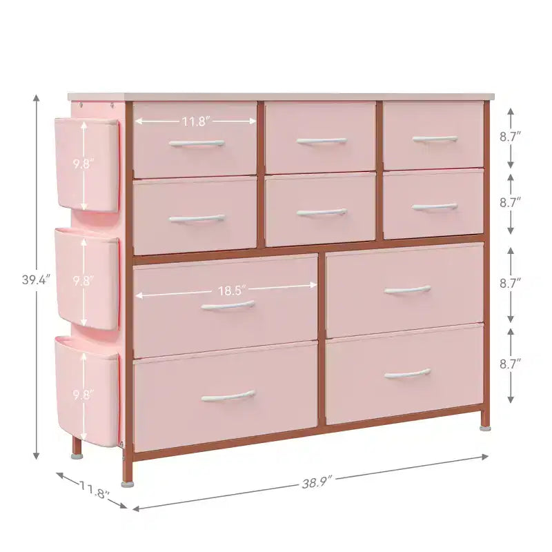 10-Drawer Fabric Dresser & Media Console - Storage Tower with Steel Frame, Wood Top for Bedroom, Living Room, Entryway