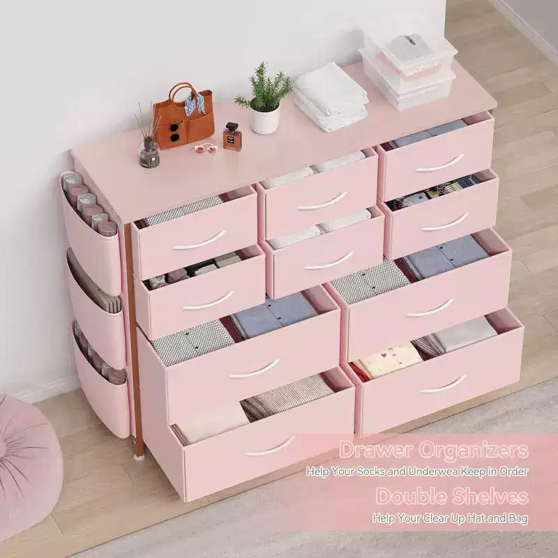 10-Drawer Fabric Dresser & Media Console - Storage Tower with Steel Frame, Wood Top for Bedroom, Living Room, Entryway
