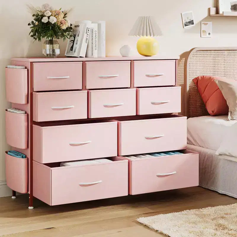 10-Drawer Fabric Dresser & Media Console - Storage Tower with Steel Frame, Wood Top for Bedroom, Living Room, Entryway