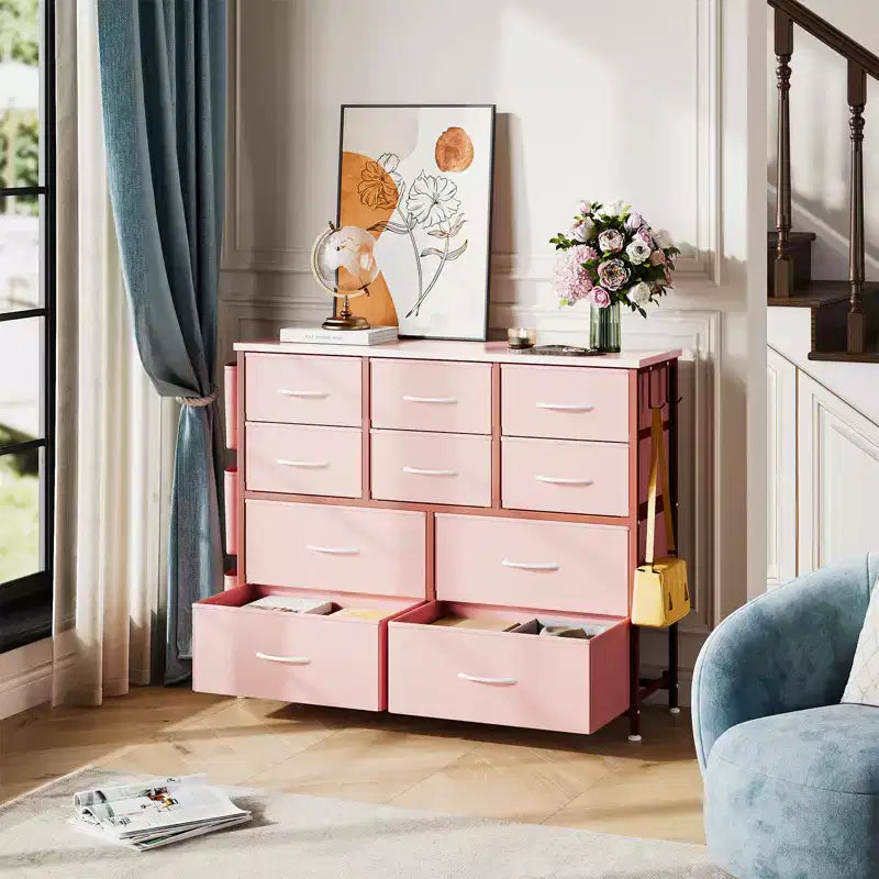 10-Drawer Fabric Dresser & Media Console - Storage Tower with Steel Frame, Wood Top for Bedroom, Living Room, Entryway